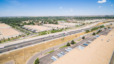 Denver, Colorado, USA-August 14, 2016. Aerial view of industrial park with highway.のeditorial素材