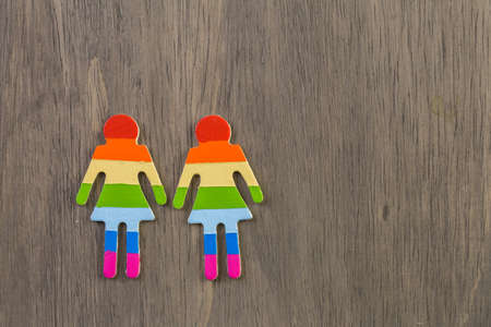 Rainbow Gay Pride male and female figures on wood background.の写真素材