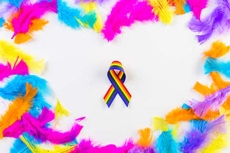 Rainbow Gay Pride ribbon on a white background.の写真素材