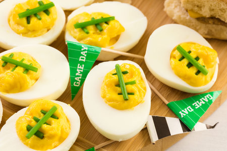 Football deviled eggs for Super Bowl party.