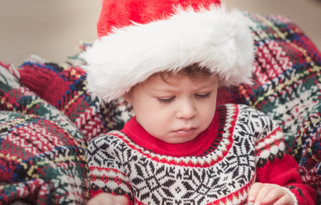 Little girl in red dress on the Christmas tree farm.の写真素材