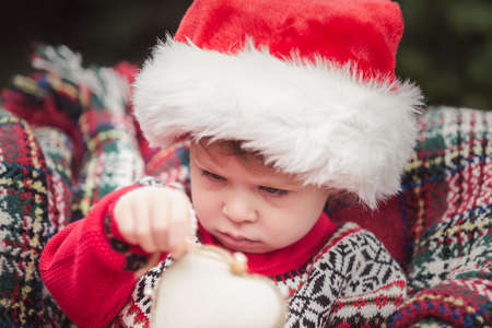 Little girl in red dress on the Christmas tree farm.の写真素材