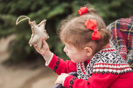 Little girl in red dress on the Christmas tree farm.の写真素材