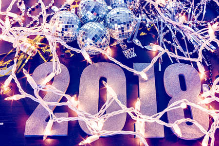 New year decoration. Closeup on silver 2018.の写真素材