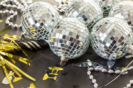 New year decoration. Closeup on wooden table.の写真素材