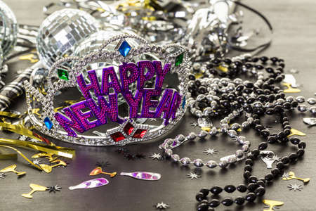 New year decoration. Closeup on wooden table.の写真素材