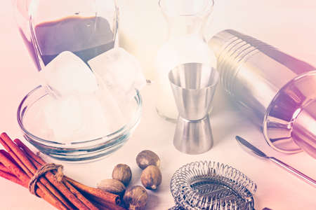 Ingredients for eggnog cocktail for holiday party.の写真素材