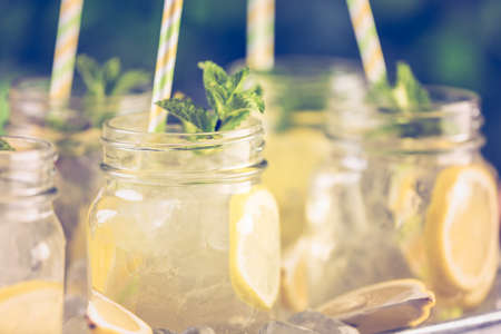 Beverage tray with with iced tea with citrus.の写真素材