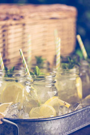 Beverage tray with with iced tea with citrus.の写真素材