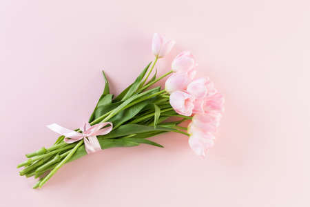 Bouquet of pink tulips wrappen in pink paper.の写真素材