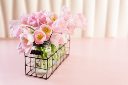 Light pink tulips on a pink background.