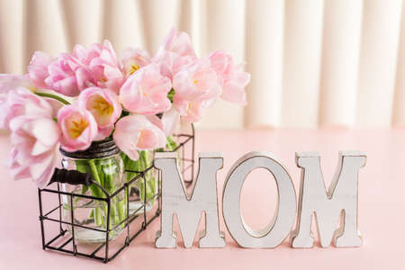 Light pink tulips on a pink background.の写真素材