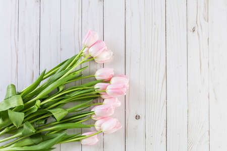 Bouquet of pink tulips on a wood background.の写真素材