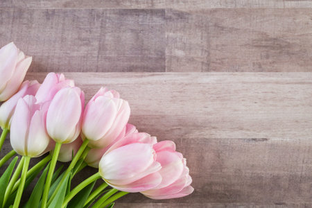 Bouquet of pink tulips on a wood background.の写真素材