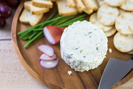 Soft flavored creamy cheese with shallot and chive.の写真素材