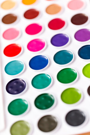 Variety of colors in a new watercolor paint set.
