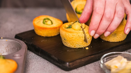 Step by step. Freshly baked slicy jalapeno cornbread muffins.
