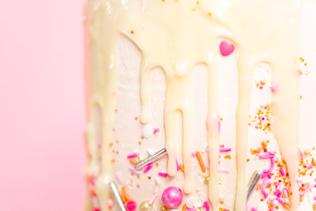 Pink and white buttercream cream cake with pink sprinkles and white chocolate ganache drip.