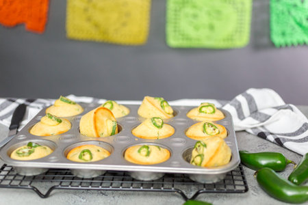 Freshly baked cornbread muffins with spicy jalapeno pepper in muffin pan.