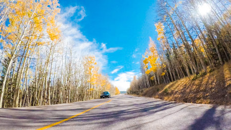 Driving on mountain highway 67 to Cripple Creek from Victor in Autumn.の写真素材