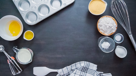 Step by step. Top view. Baking cornbread muffins.