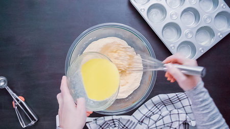 Step by step. Top view. Baking cornbread muffins.の写真素材