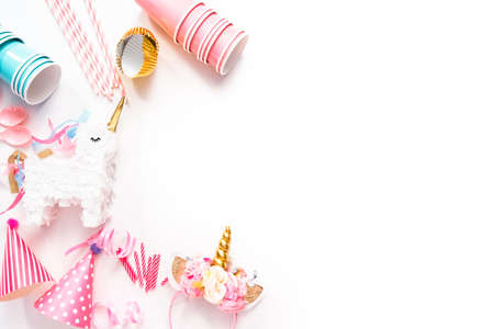 Kids Birthday party supplies on a white background.の写真素材