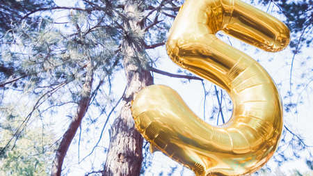 Number five golden balloon at little birthday party in urban park.の写真素材