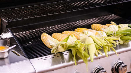 Grilling fresh organic corn on outdoor gas grill to make Mexican corm om the cob elote.の写真素材