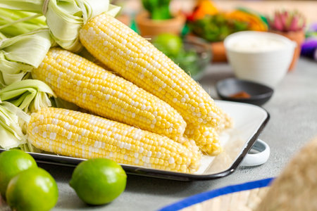 Fresh ingredients for preparing grilling mexican street corn elote.