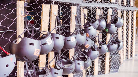 Denver, Colorado, USA-September 4, 2018 - Kids climbinghelmets on indoor climbing structure at local science museum.のeditorial素材
