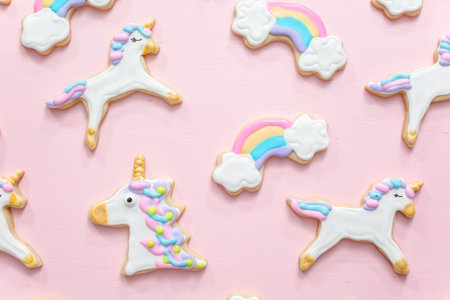 Unicorn sugar cookies decorated with royal icing on a pink  background.