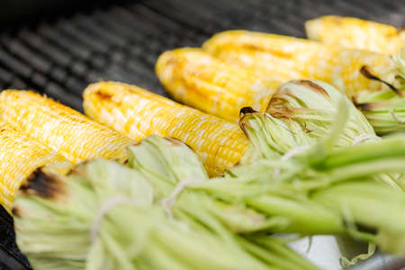 Grilling mexican street corn elote on outdoor gas grill.の写真素材