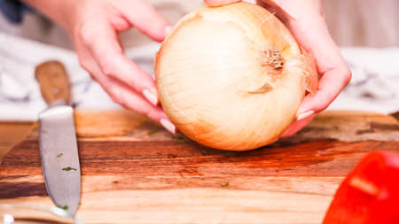 Step by step. Cutting vegetables to make filling for empanadas.の写真素材