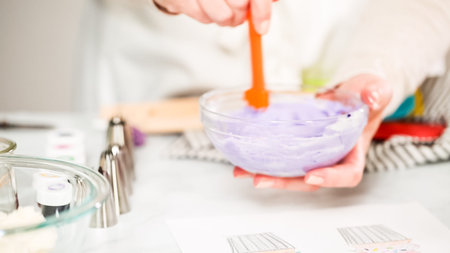 Step by step. Coloring buttercream frosting with food colors for unicorn theme vanilla cupcakes.