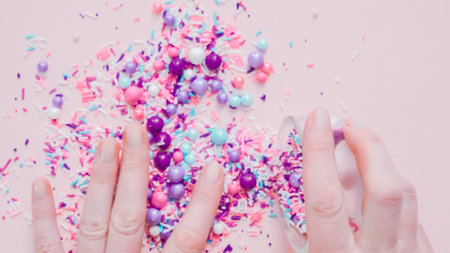Colorful purple sprinkle blend on a pink background.の写真素材