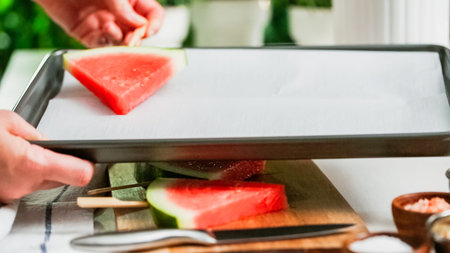 Step by step. Sliding the wood pop stick into the watermelon wage wedge to make watermelon ice pops.の写真素材