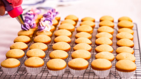 Piping pink and purple buttercream frosting on small vanilla cupcakes.