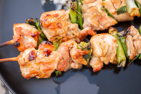 Chicken yakitori with white rice on a plate.の写真素材