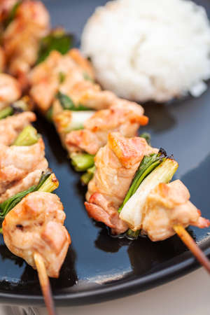 Chicken yakitori with white rice on a plate.の写真素材