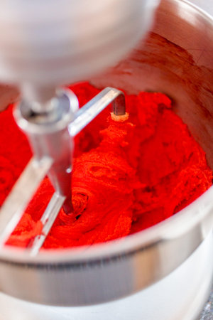 Step by step. Mixing dough for red white and blue pinwheel cookies.の写真素材