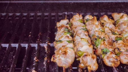 Step by step. Glazing chicken yakitori on bamboo skewers with pastry brush.の写真素材