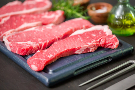 Raw New York strip steaks on a wood cutting board.の写真素材