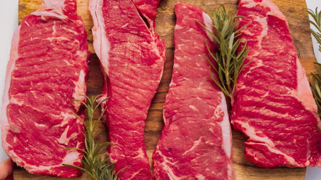 Raw New York strip steaks on a wood cutting board.