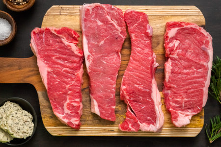 Raw New York strip steaks on a wood cutting board.