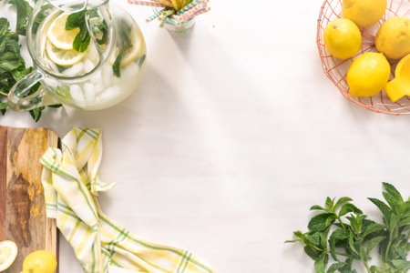 Traditional lemonade with a slice of fresh lemon and mint with paper straw in the glass.の写真素材