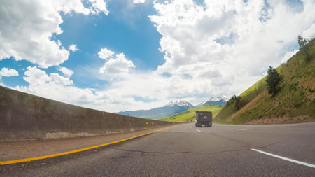 Driving West through the mountains on interstate highway I70.