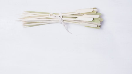 Wood skewers on a white wppd background.の写真素材