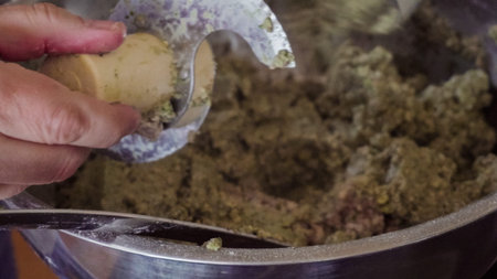 Ground beef and turkey staffing for Italian raviolis.の写真素材