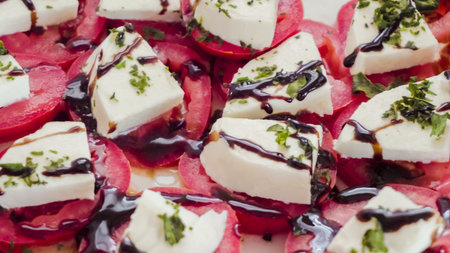 Tomato and mozzarella nites with balsamic vinegar on the plate.